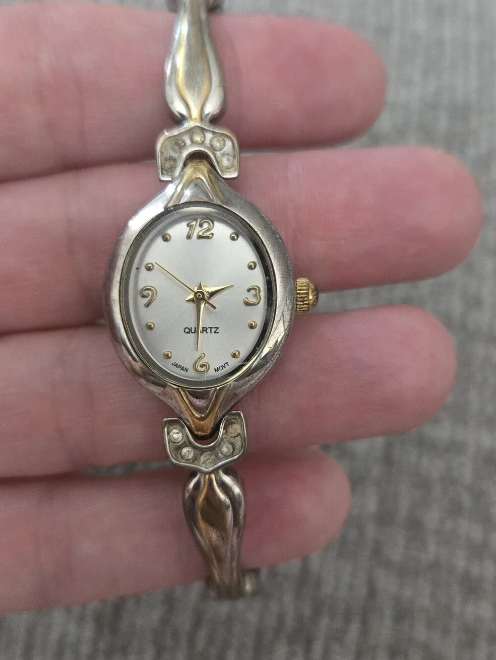 Quartz Japan MOVT Women's Silver Gold Two Tone Oval Rhinestone Accent